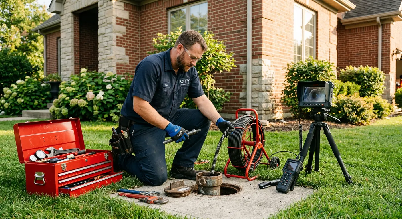 Sewer specialist with camera equipment servicing a cleanout in Homer