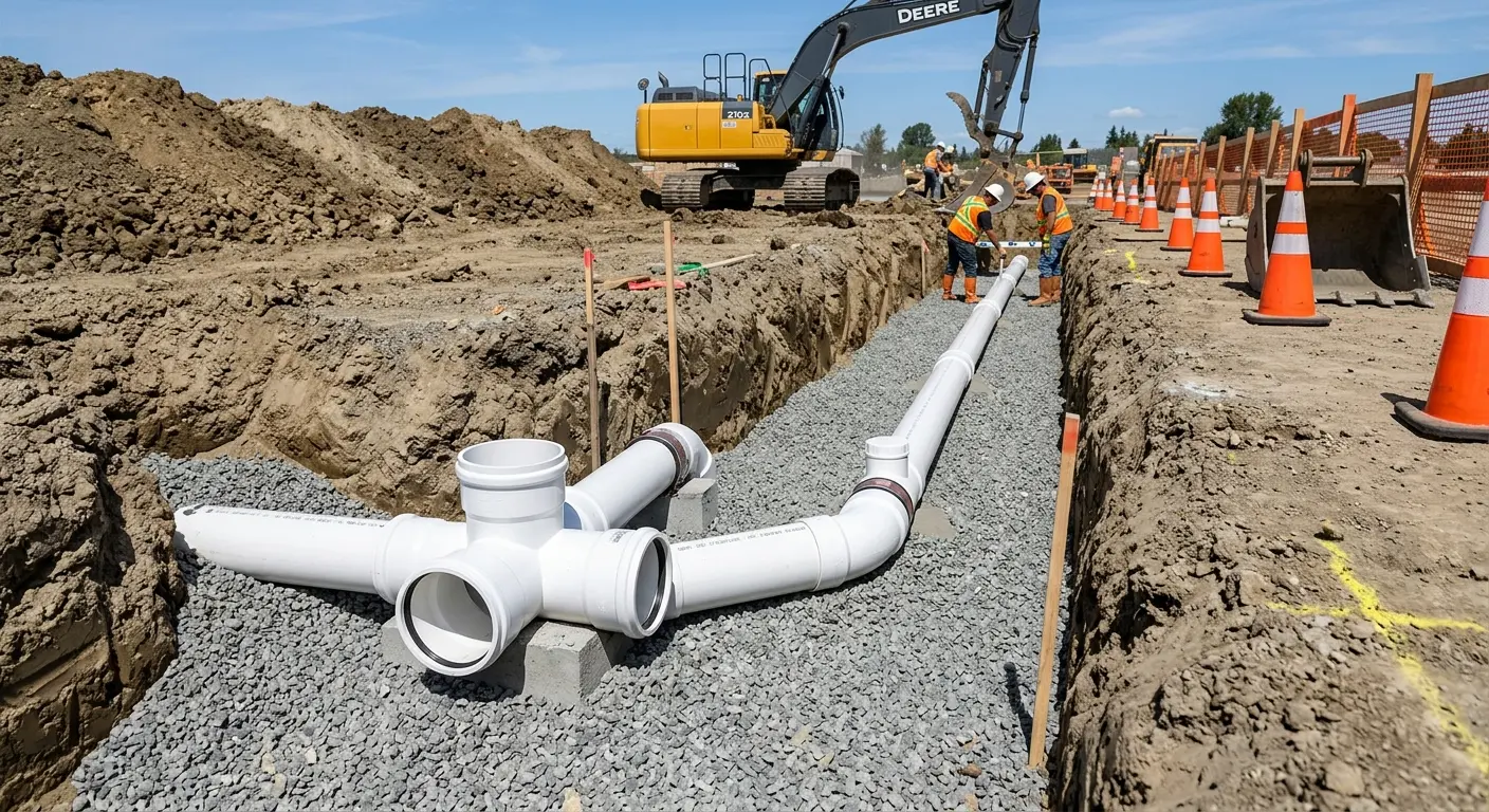 New PVC sewer pipe installation in open trench for Sewer Backup in Homer